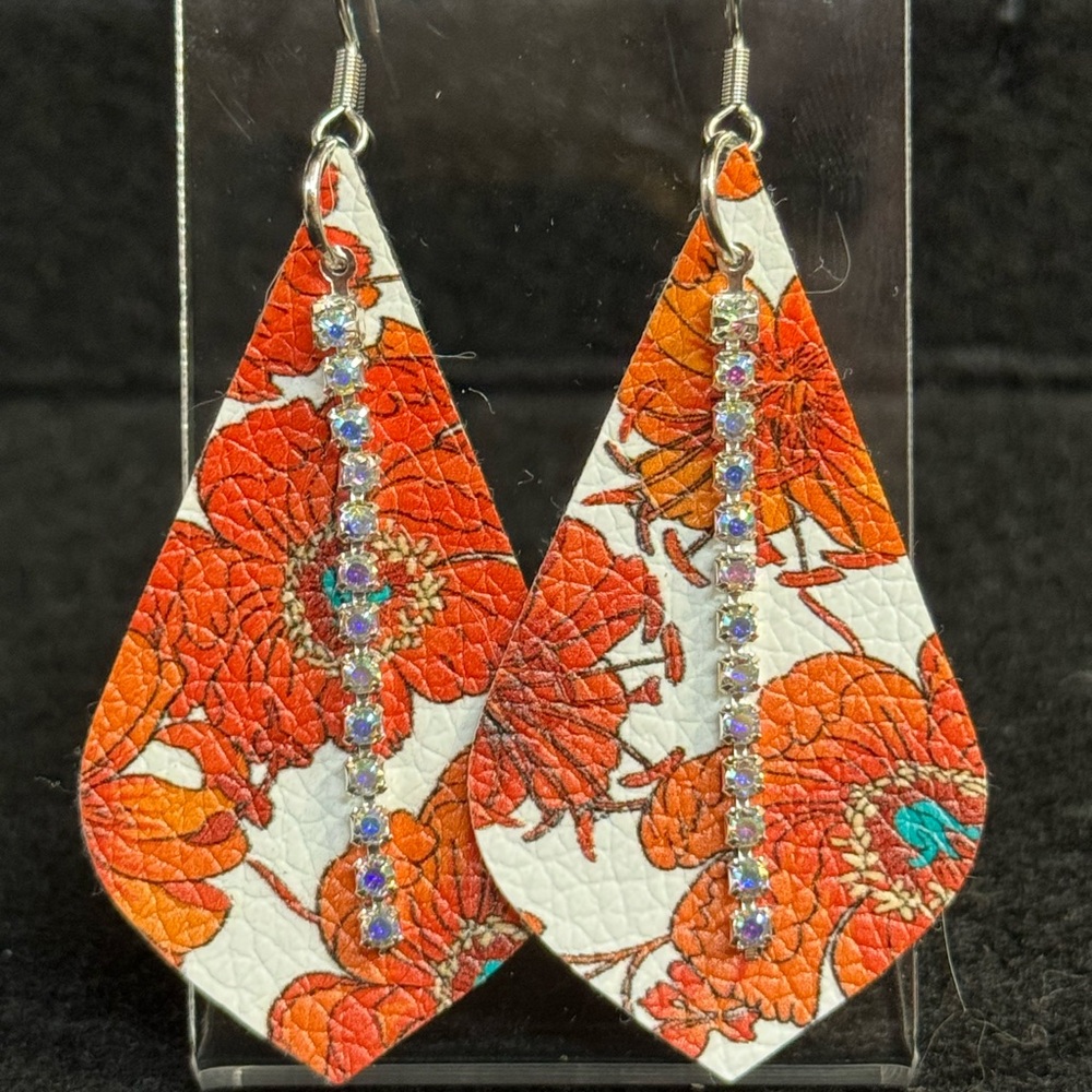 Floral Faux Leather Earrings with AB Colored Rhinestones